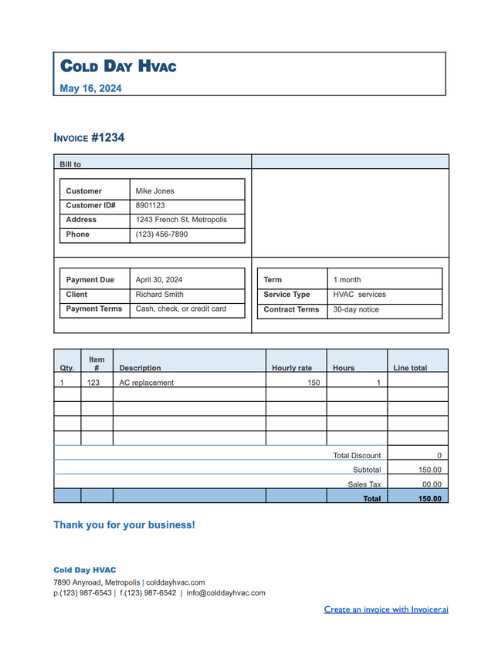 air conditioning repair invoice template