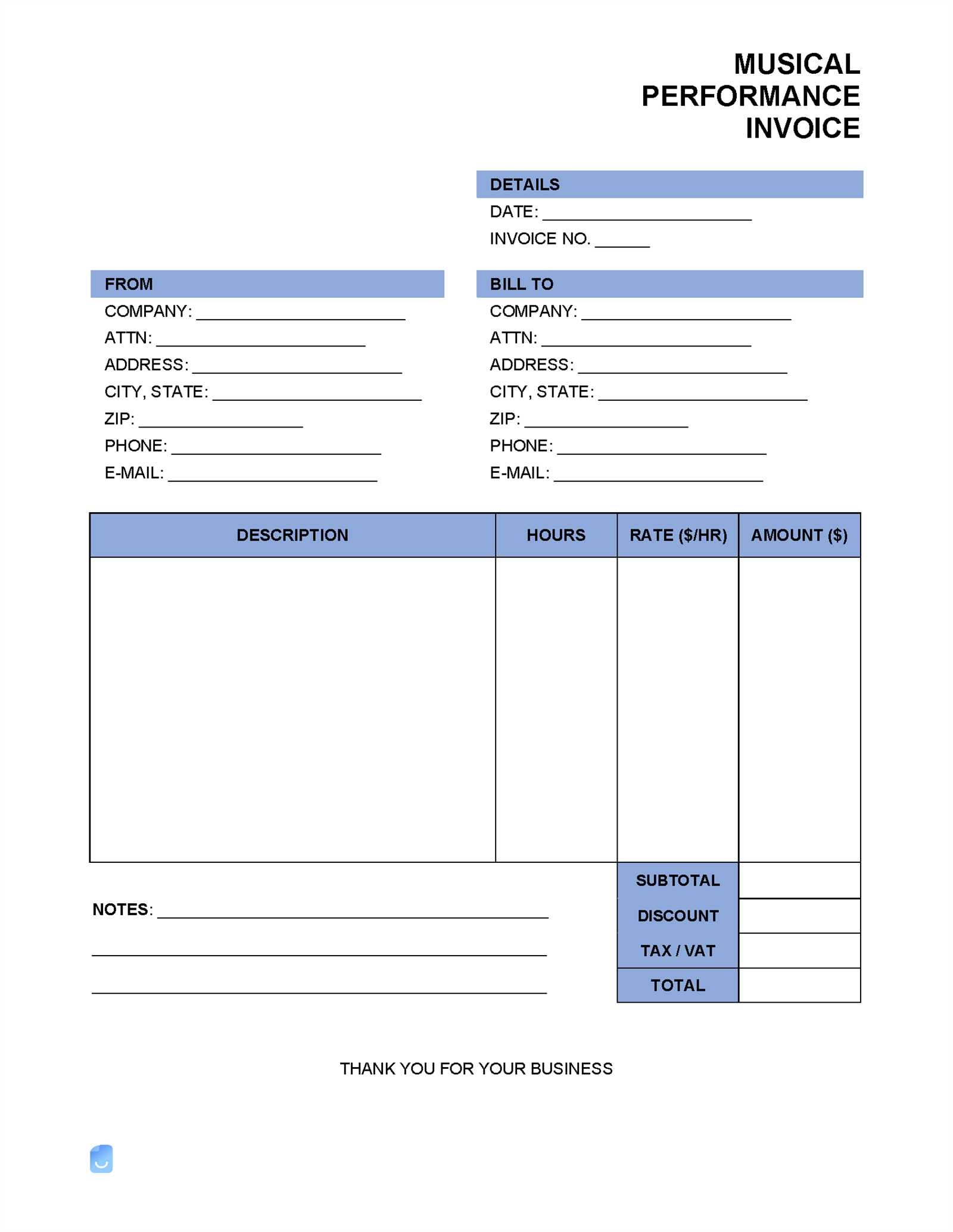 artist performance invoice template