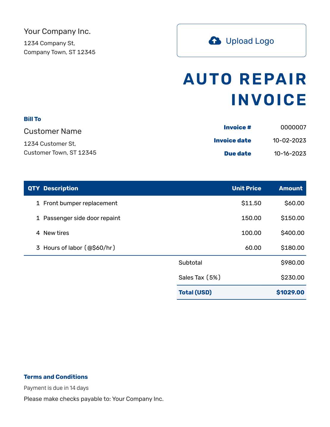 auto repair invoice template microsoft office