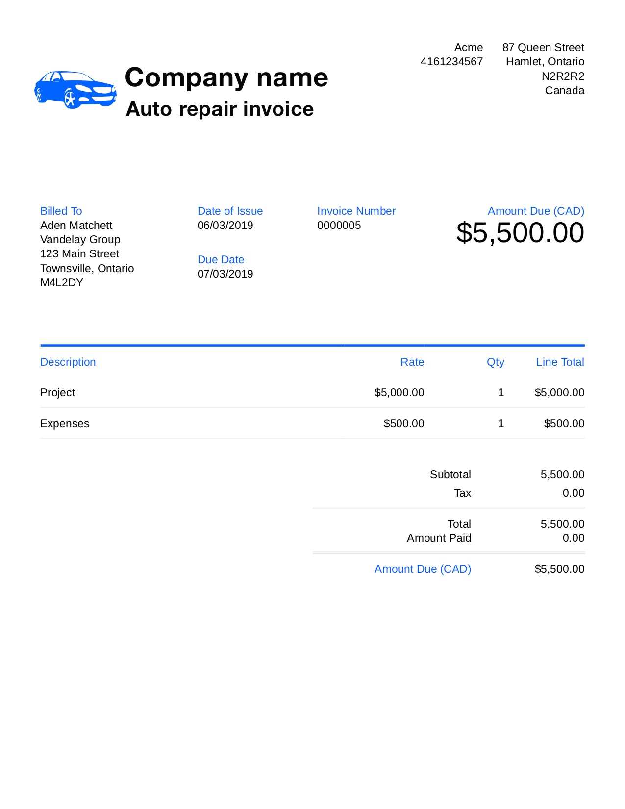 auto repair invoice template microsoft office