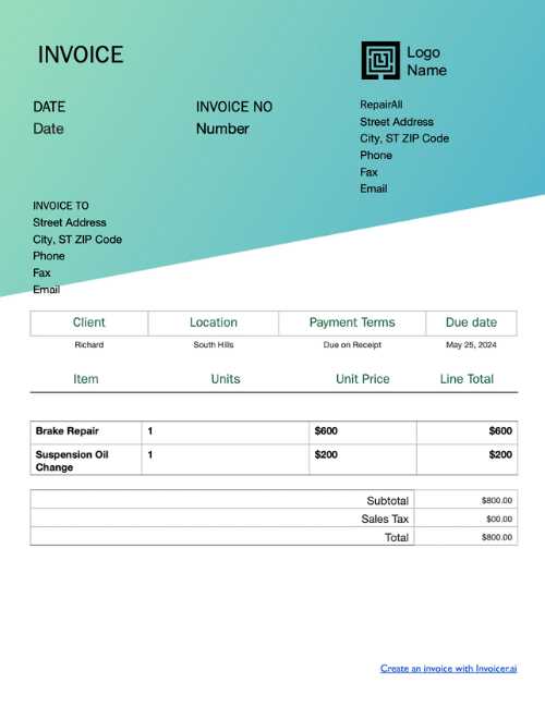 auto repair shop invoice template