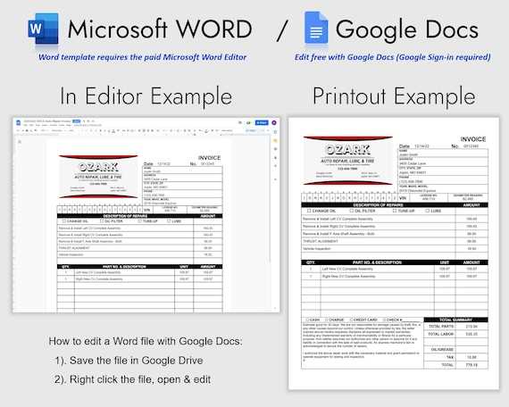 auto repair shop invoice template pdf