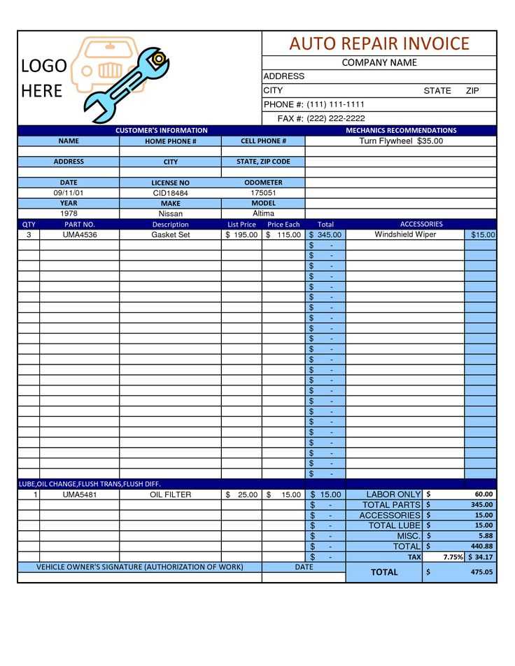 automotive invoice template free