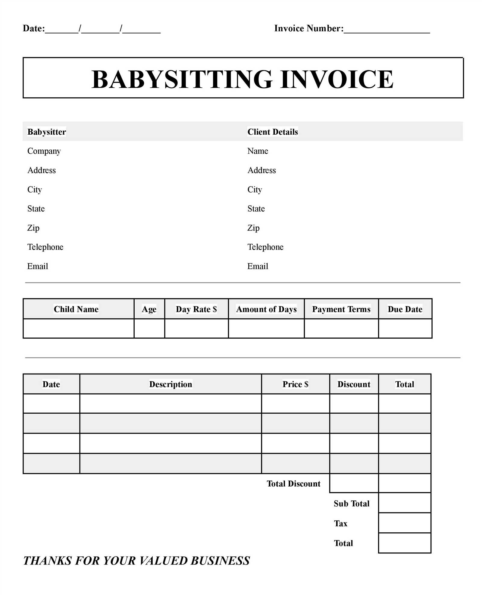 babysitting invoice template