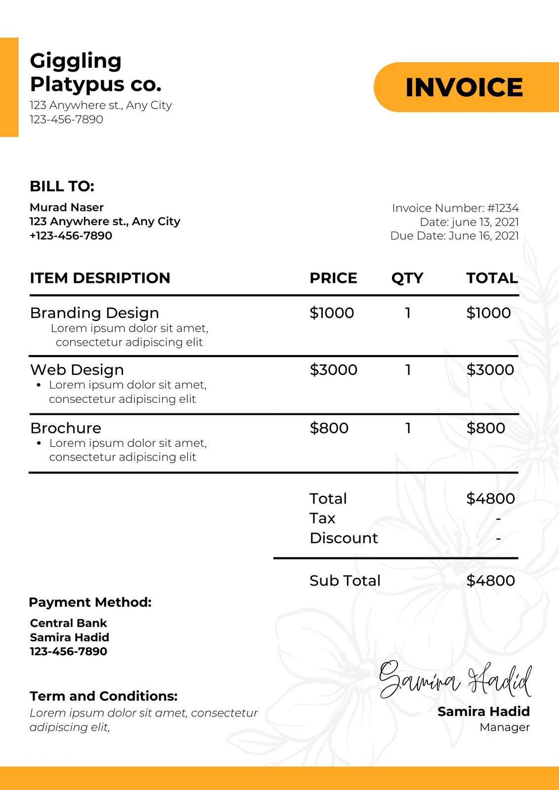 bank invoice template