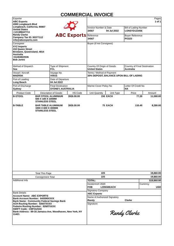 blank commercial invoice template