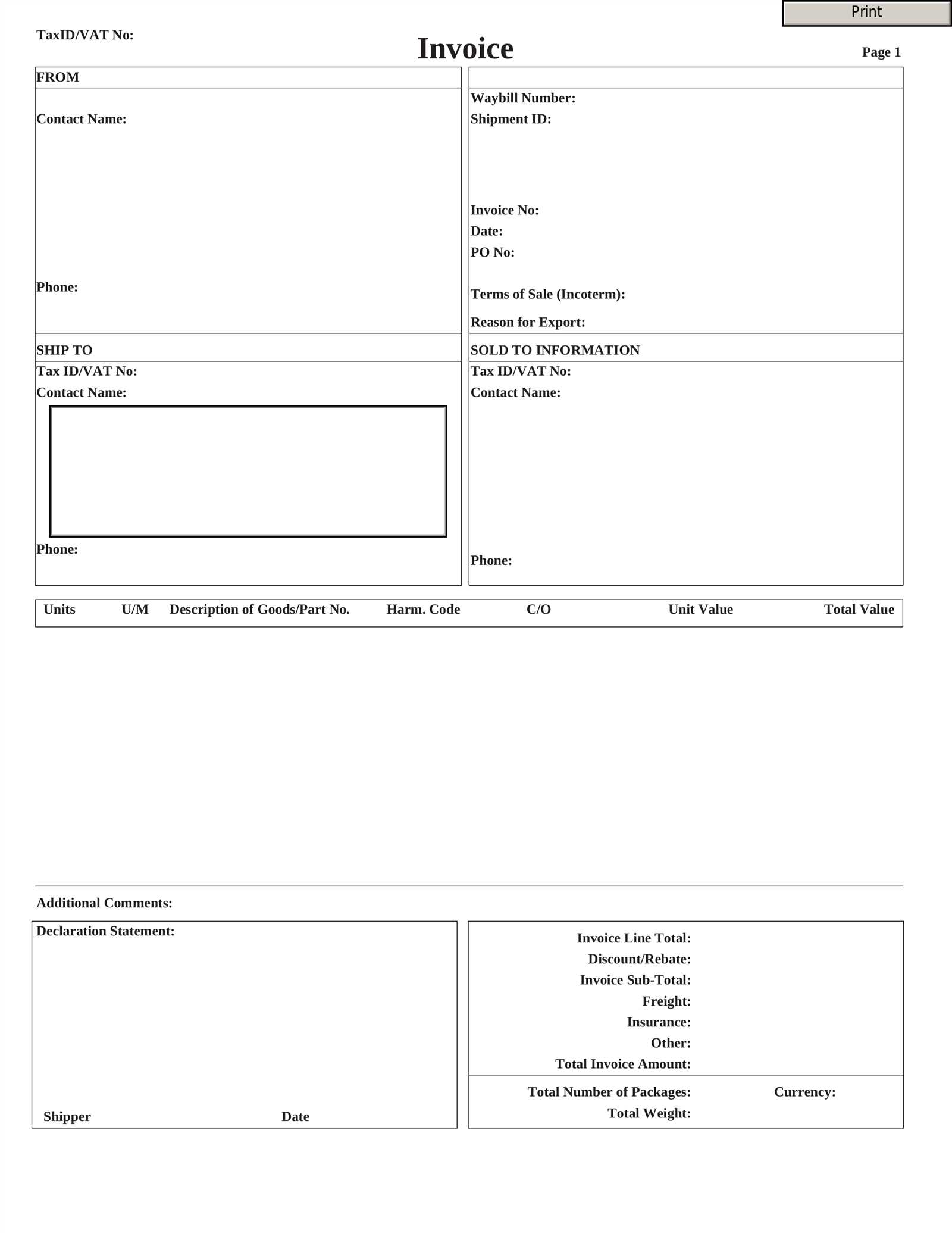 blank commercial invoice template