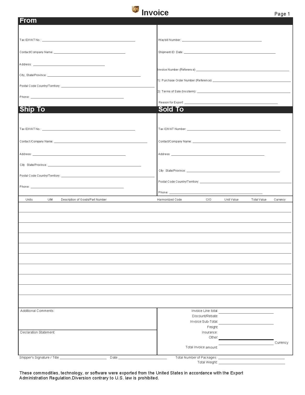 blank commercial invoice template