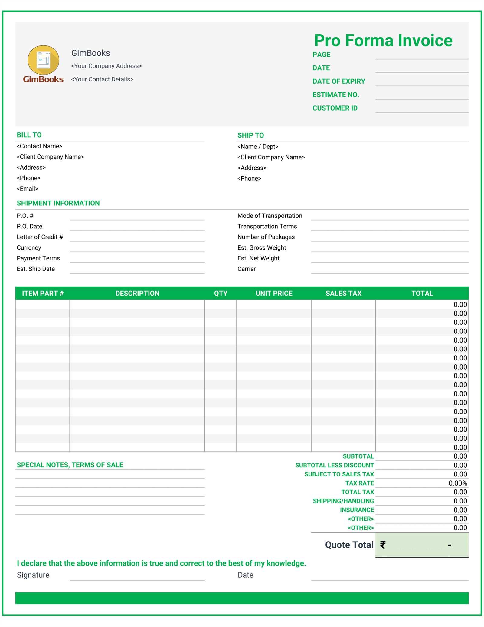 blank proforma invoice template