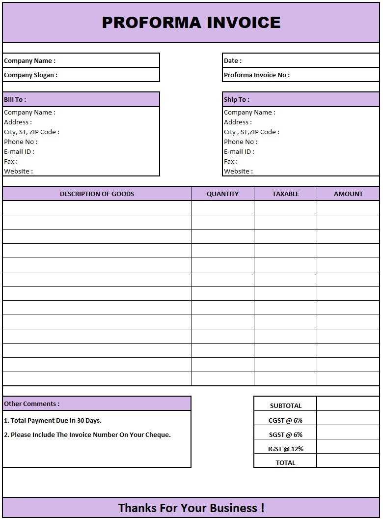 blank proforma invoice template