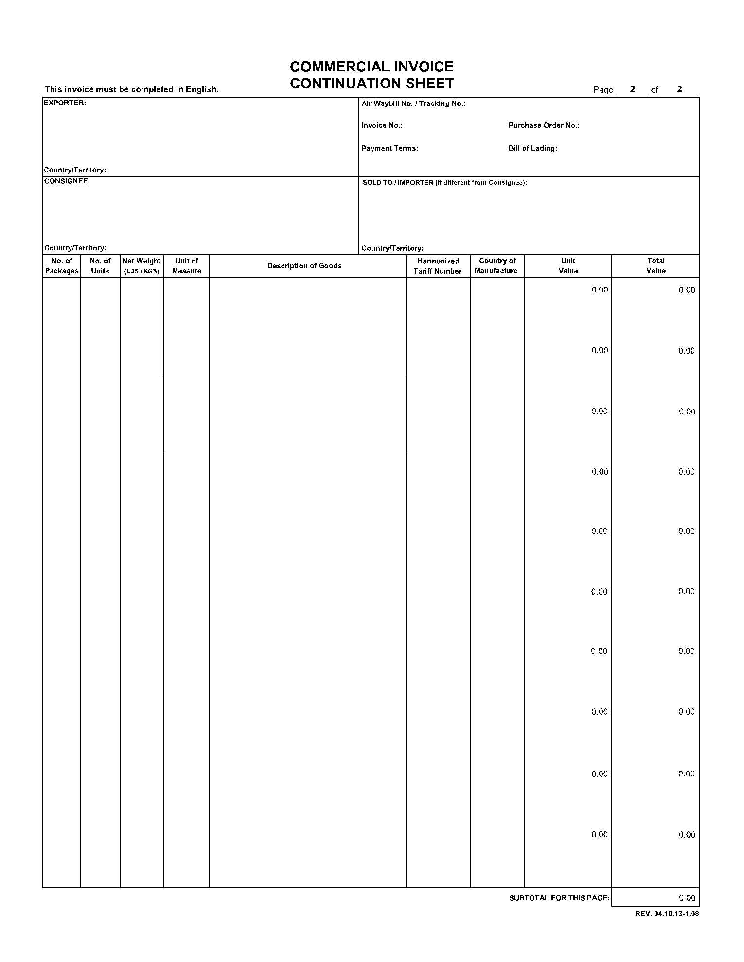 commercial invoice for customs purposes only template