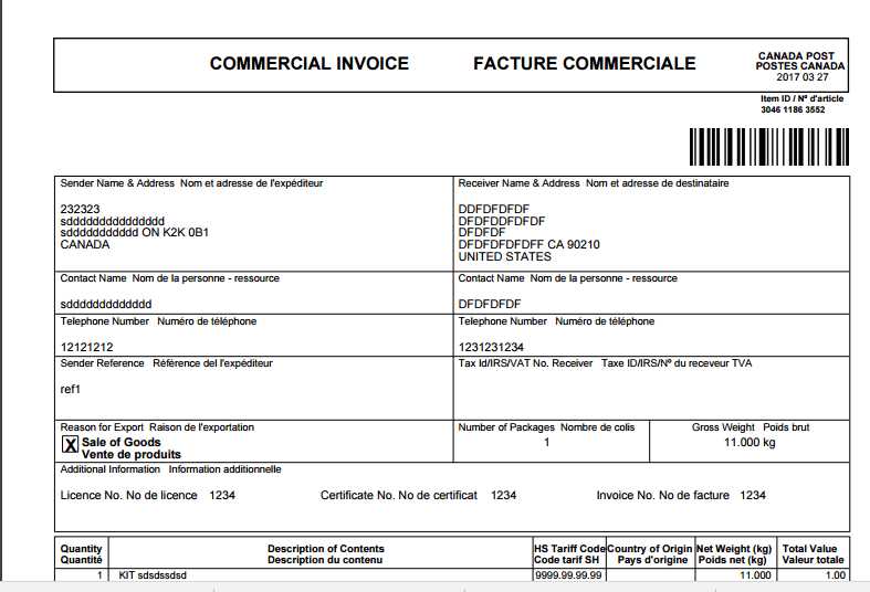 commercial invoice template canada