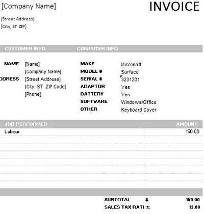 computer repair invoice template excel