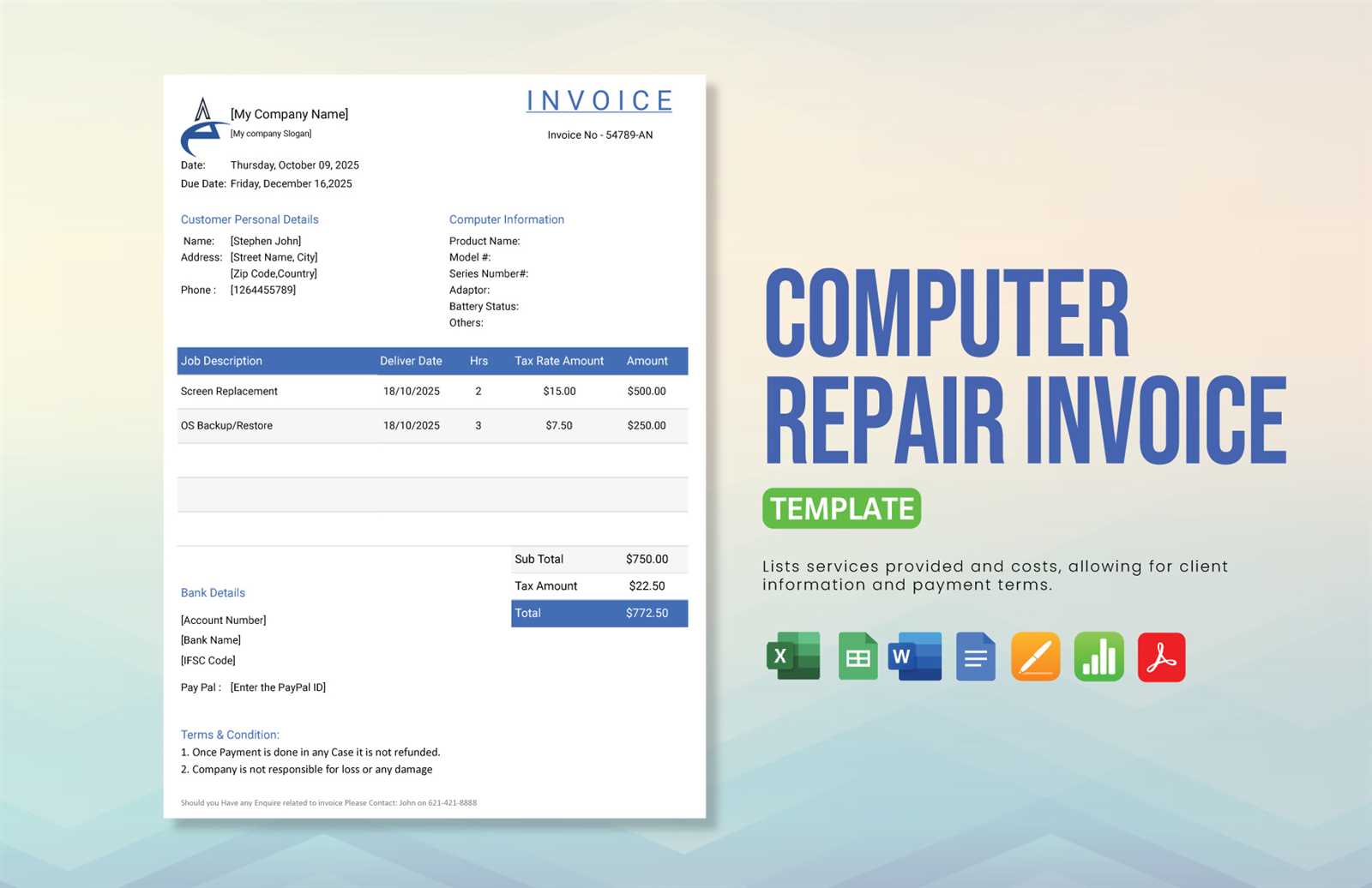 computer repair invoice template excel