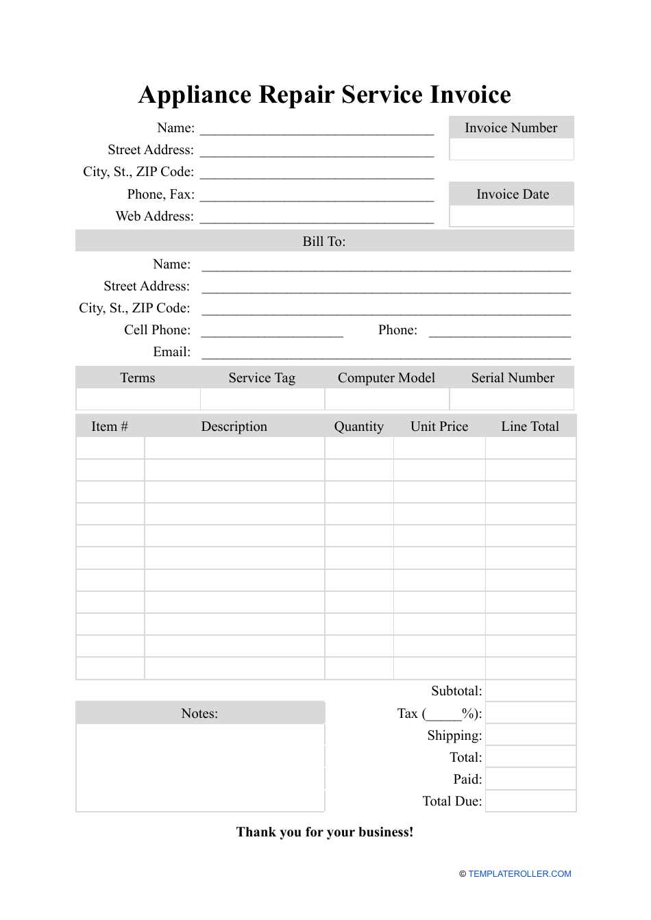 computer technician invoice template