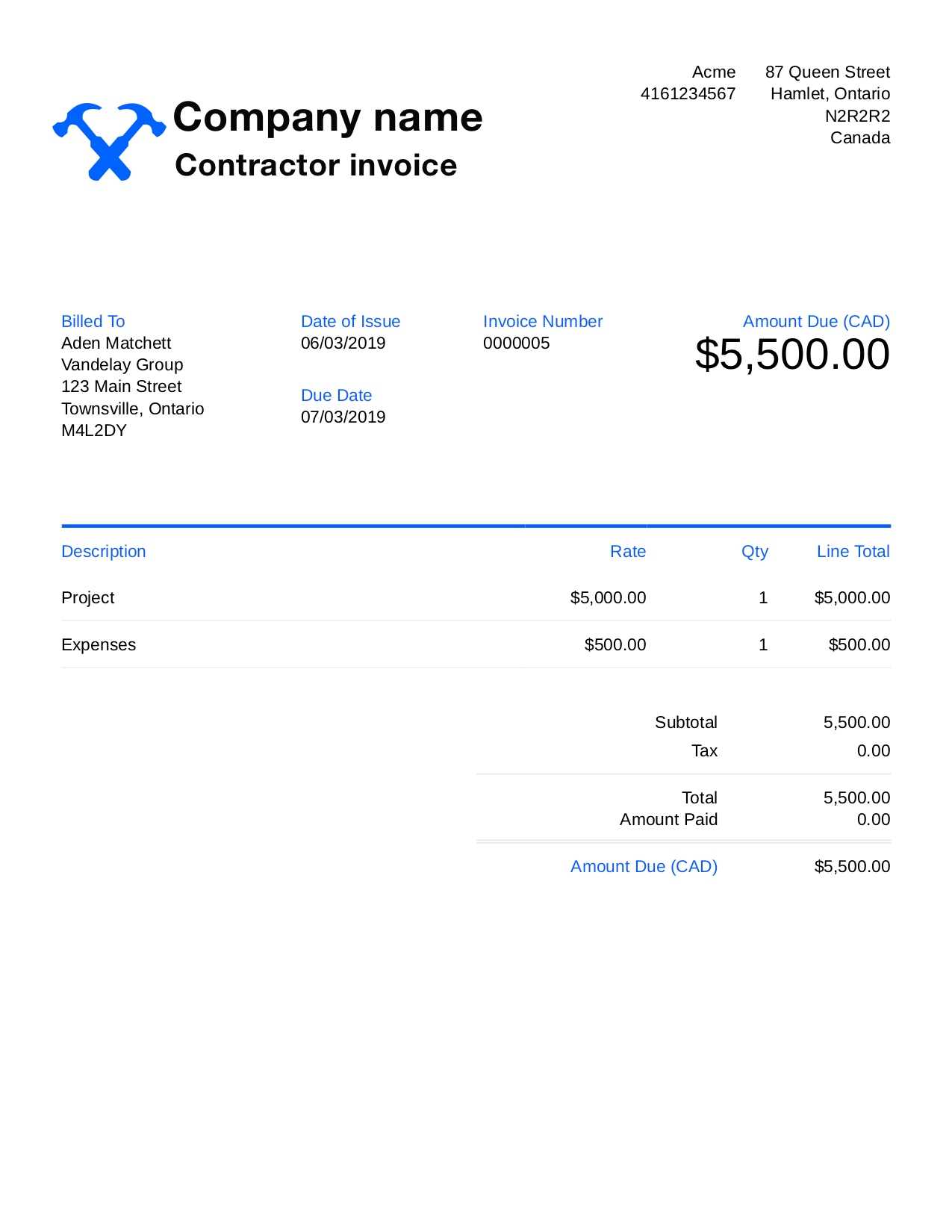 construction business invoice template