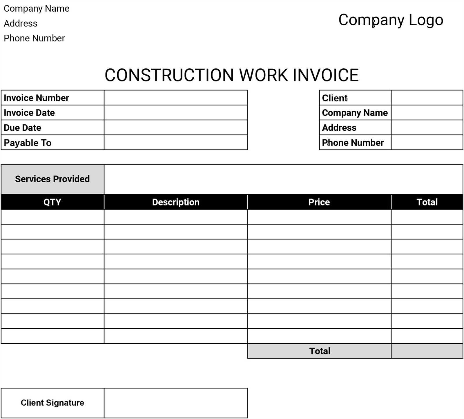 construction contractor invoice template