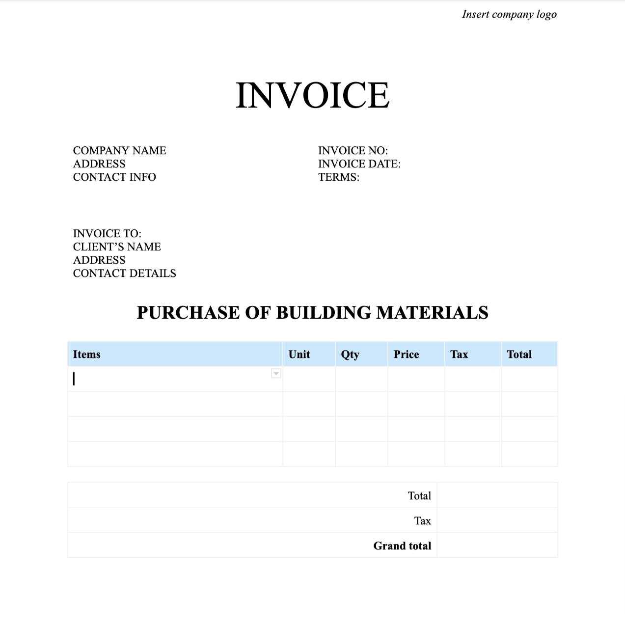 construction invoices templates