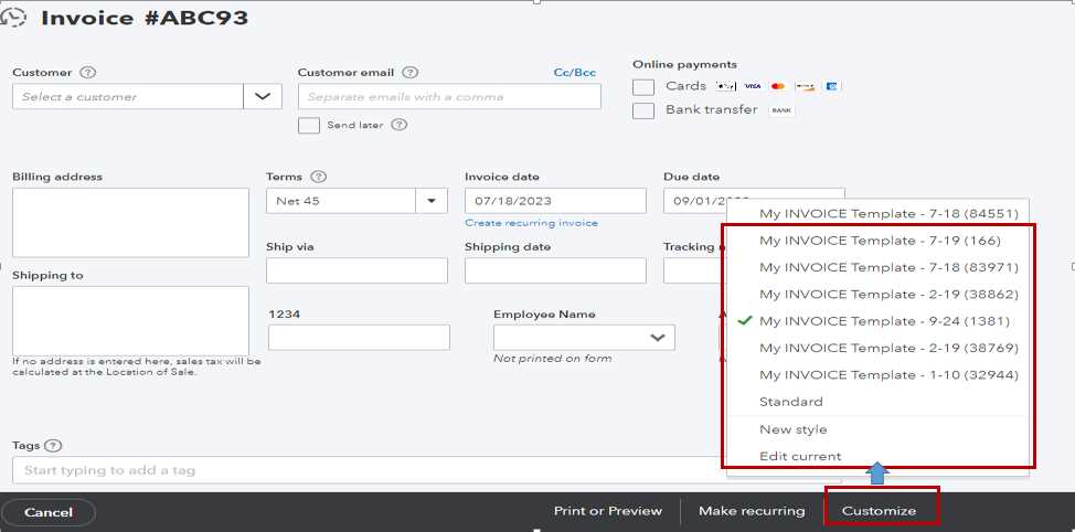 custom invoice template quickbooks online