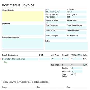 customs invoice template uk