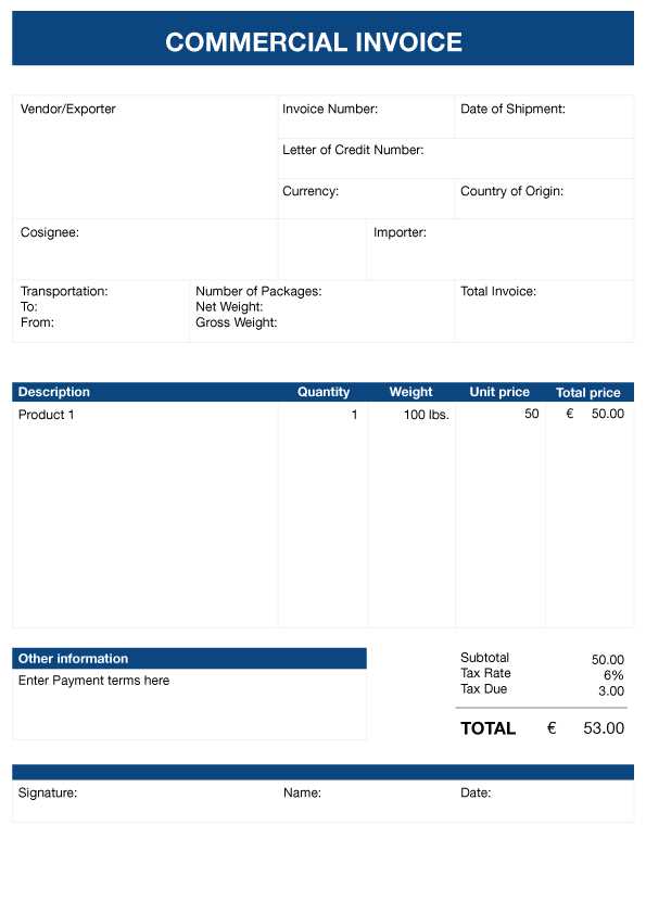 customs invoice template ups