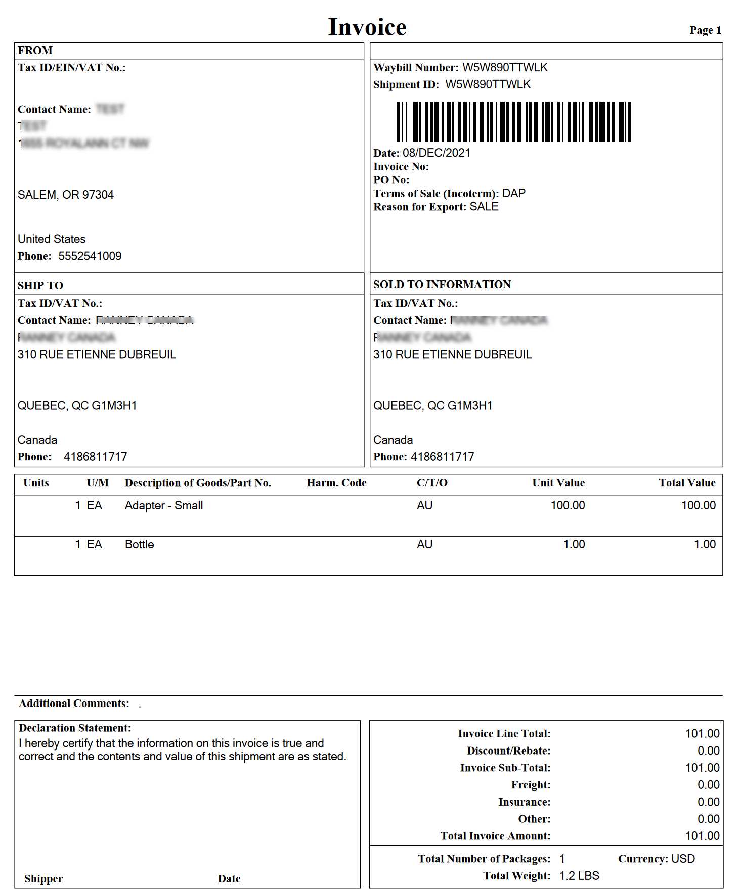 customs invoice template ups