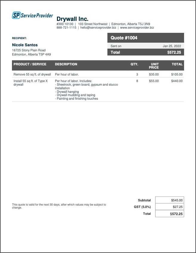 drywall invoice template