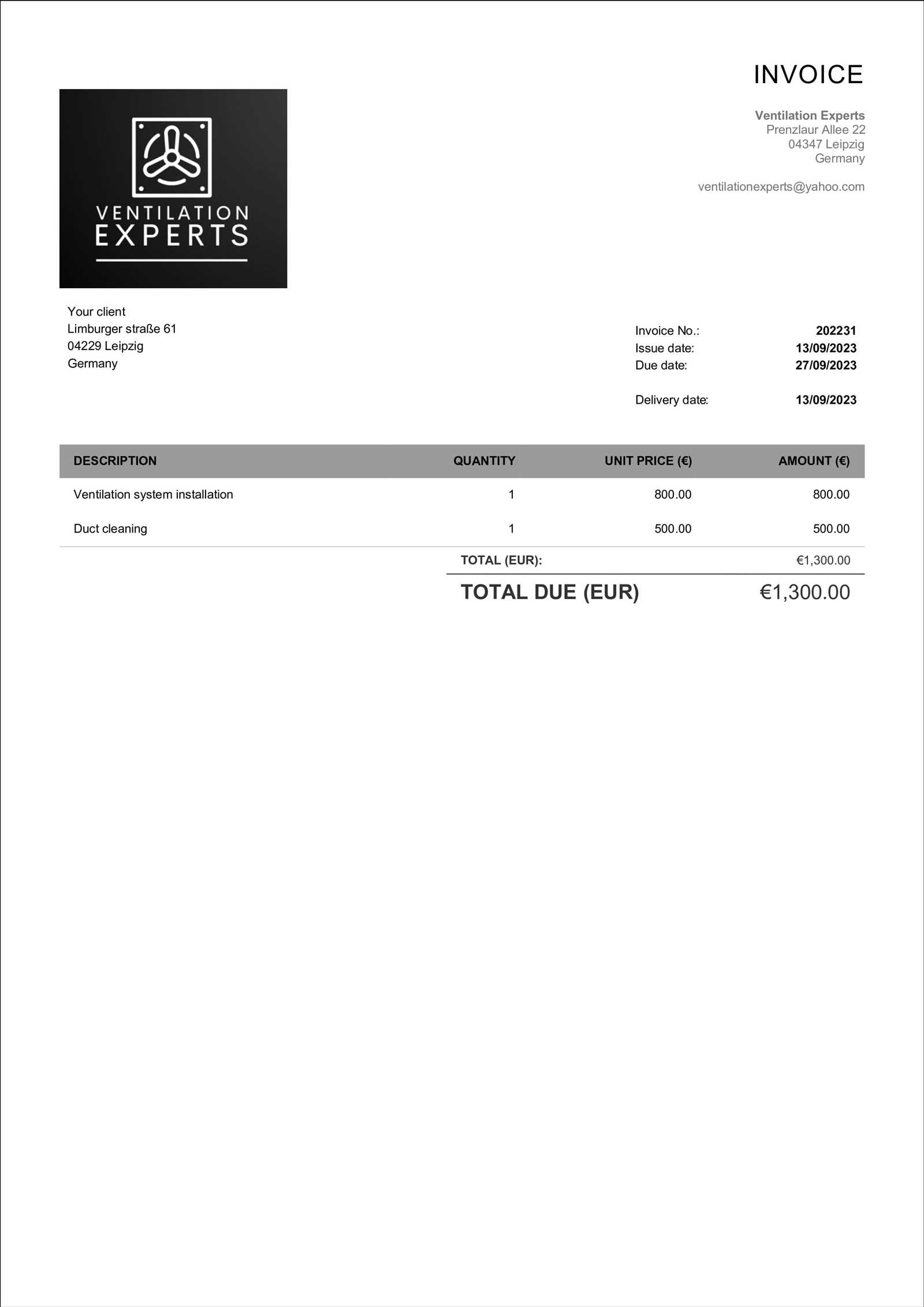 duct cleaning invoice template