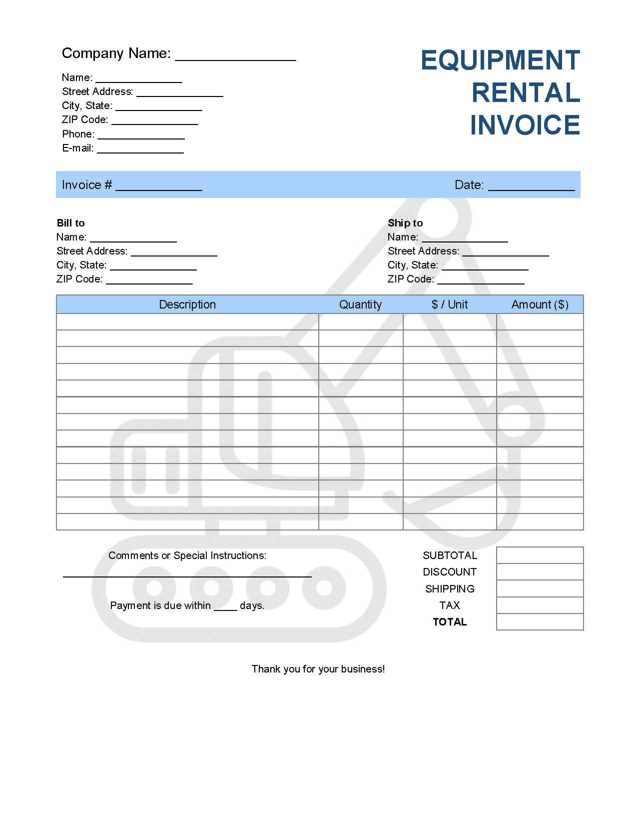 equipment rental invoice template