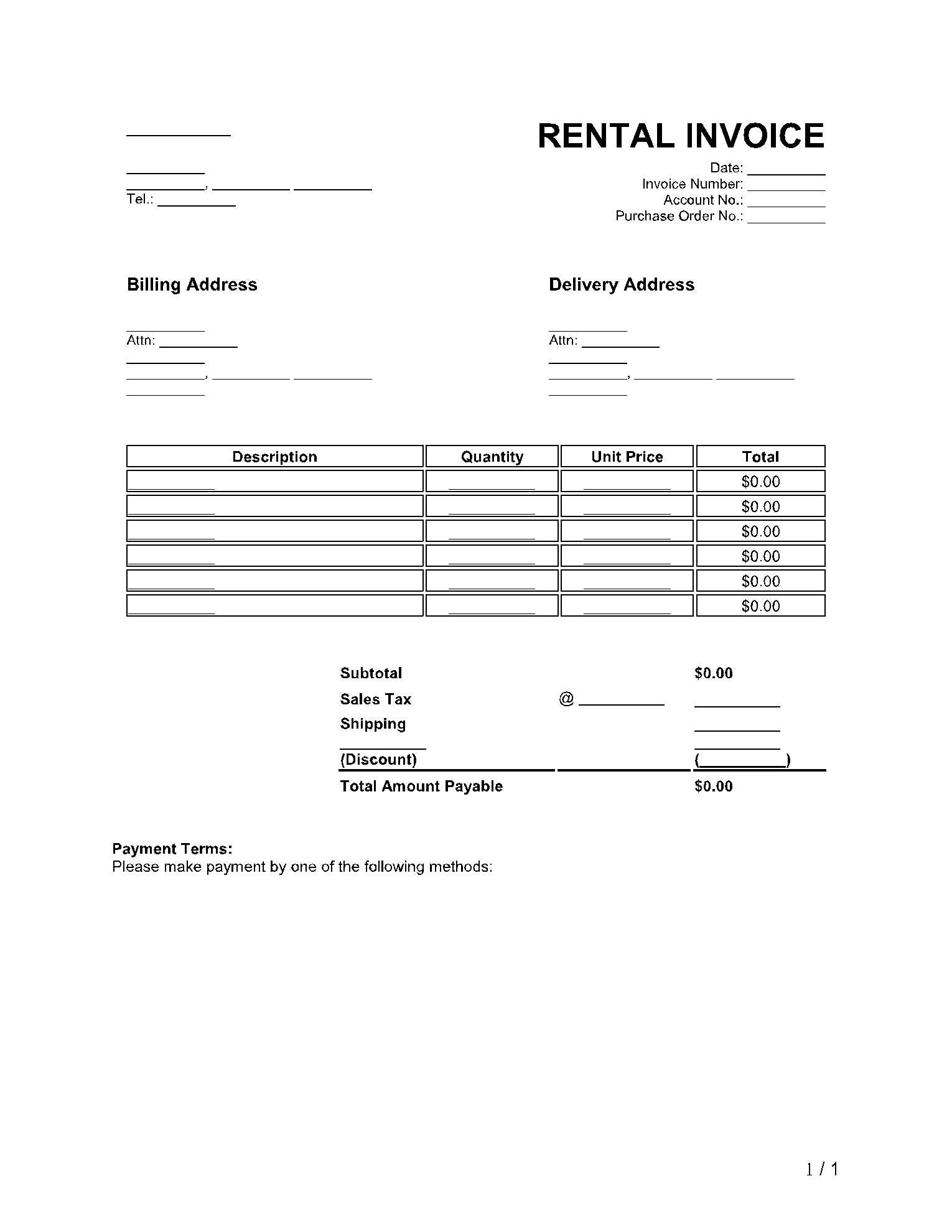 equipment rental invoice template