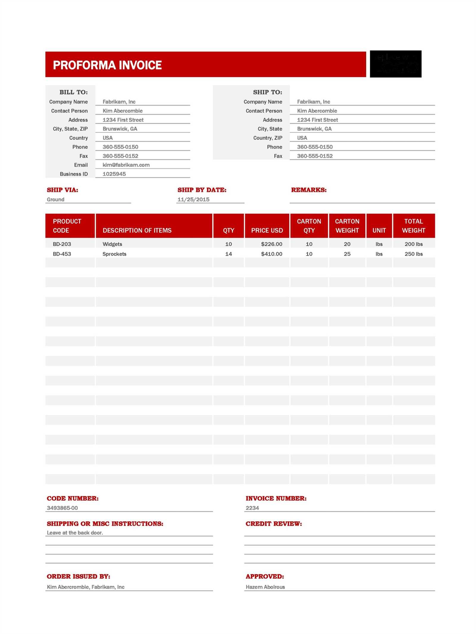 excel proforma invoice template
