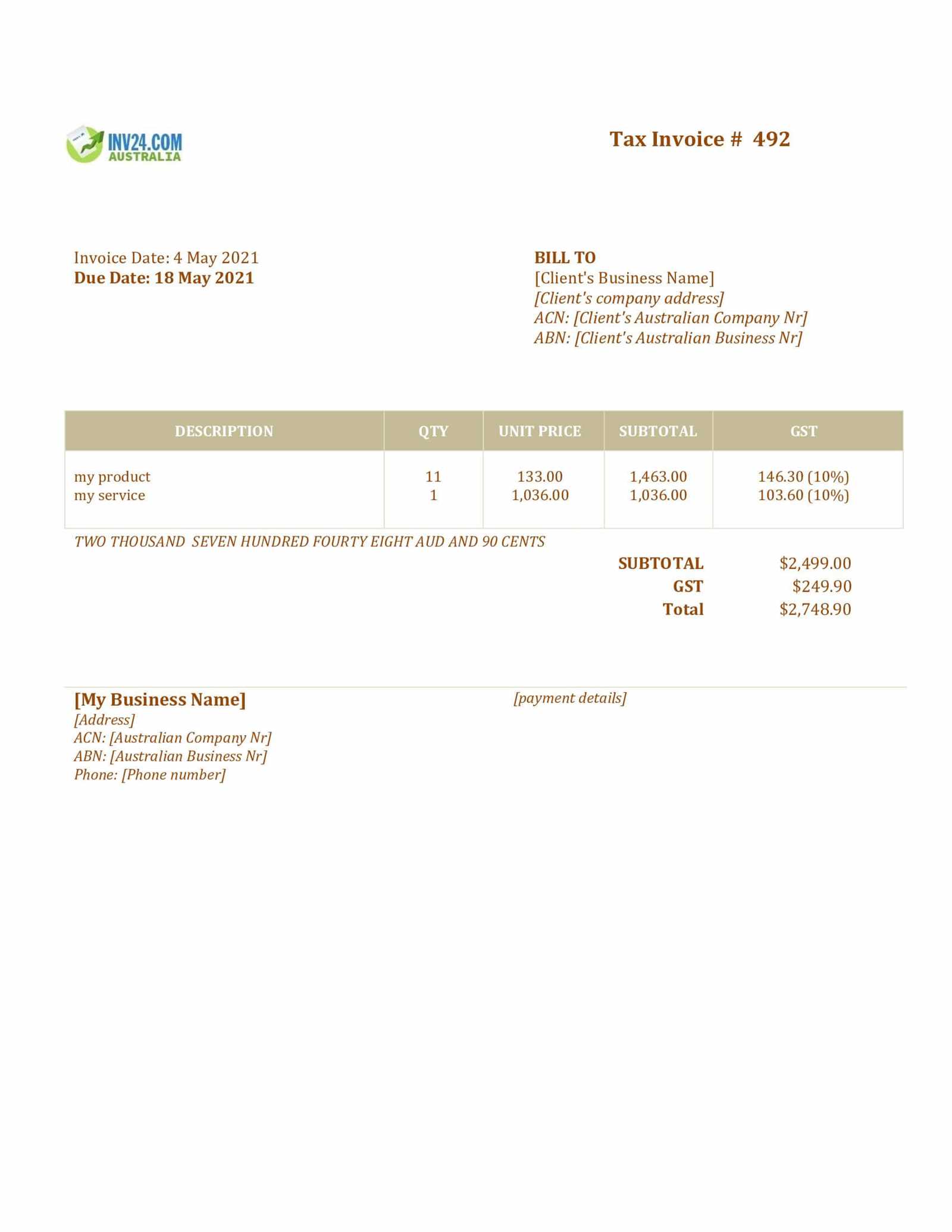 excel tax invoice template australia