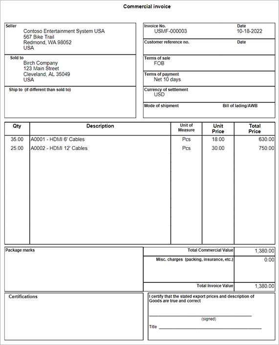 export commercial invoice template