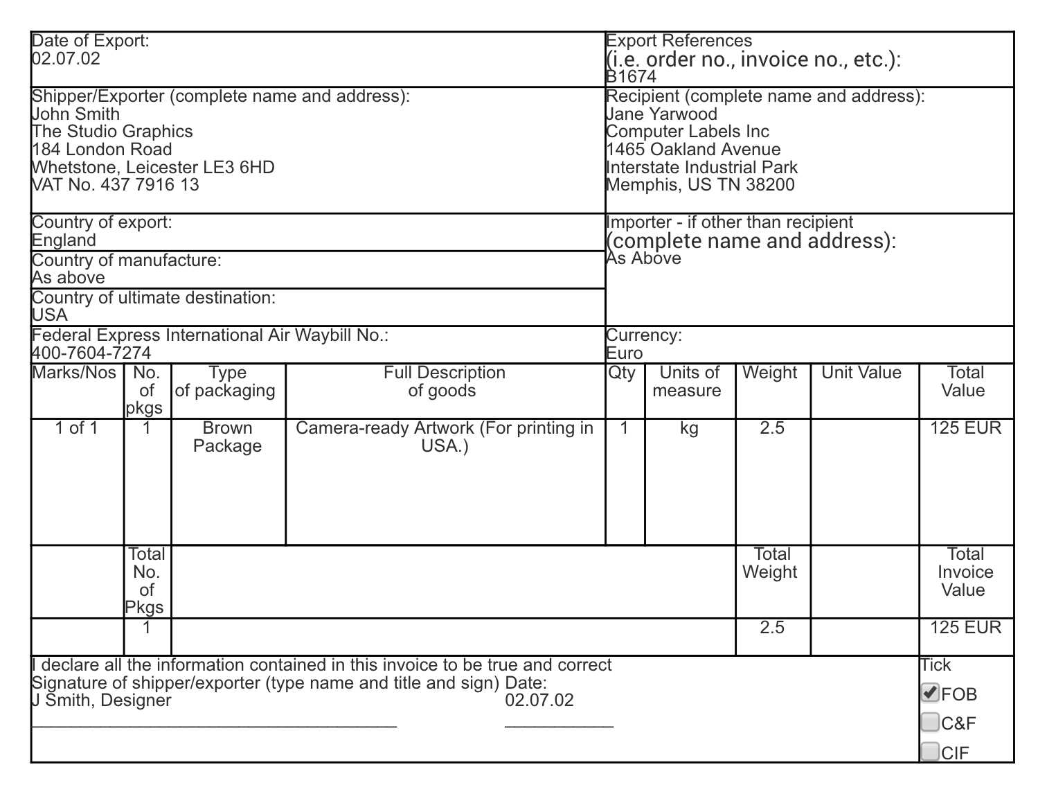 fedex customs invoice template