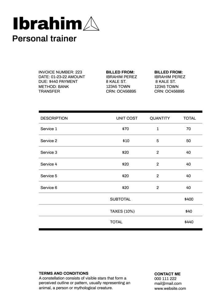 fitness instructor invoice template