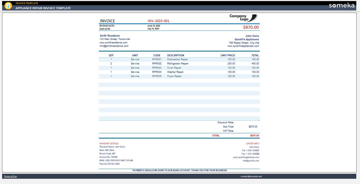 free appliance repair invoice template