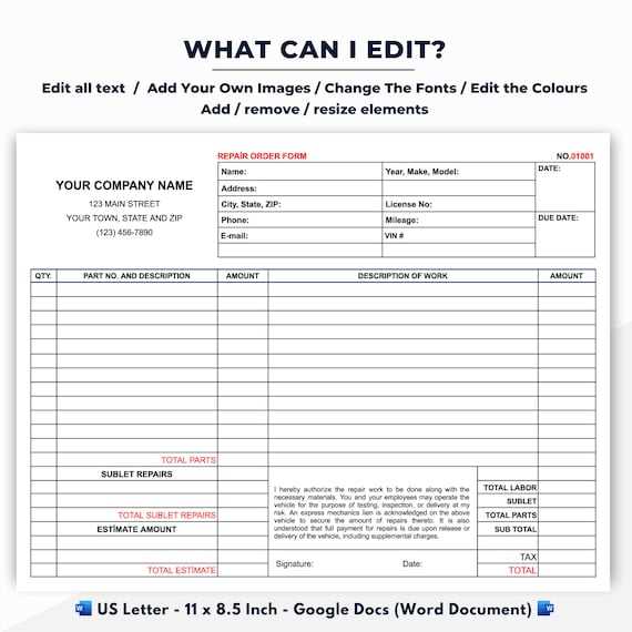 free auto repair invoice template pdf