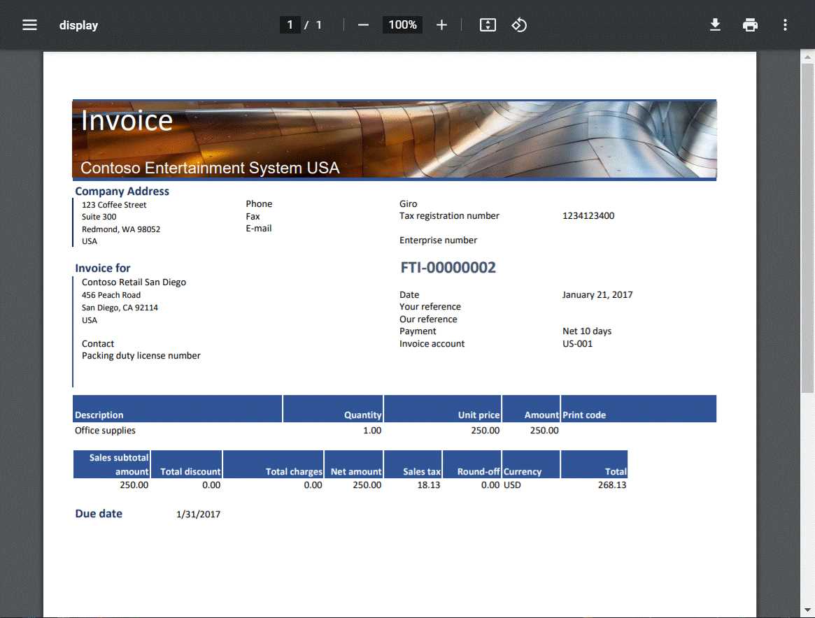 free text invoice template d365