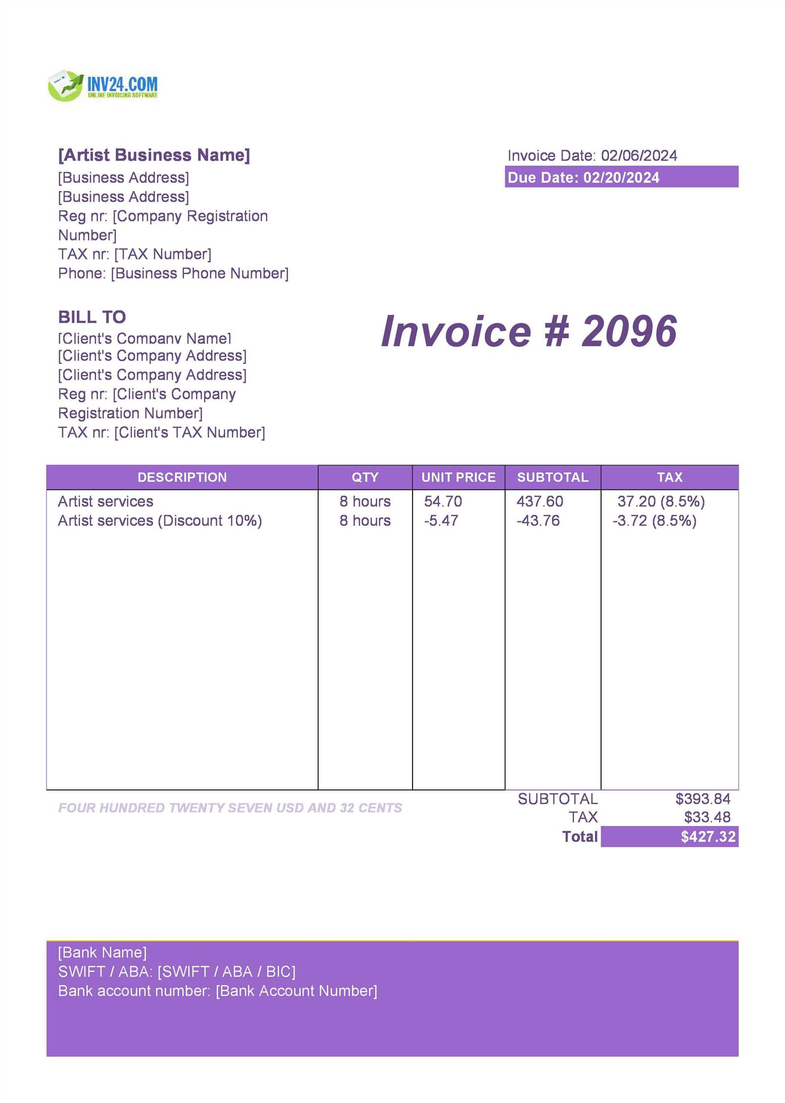 freelance artist invoice template