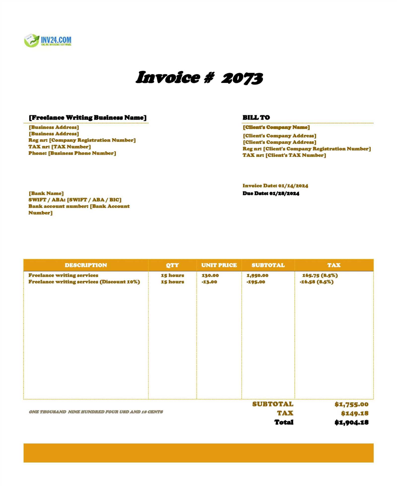 freelance hourly invoice template