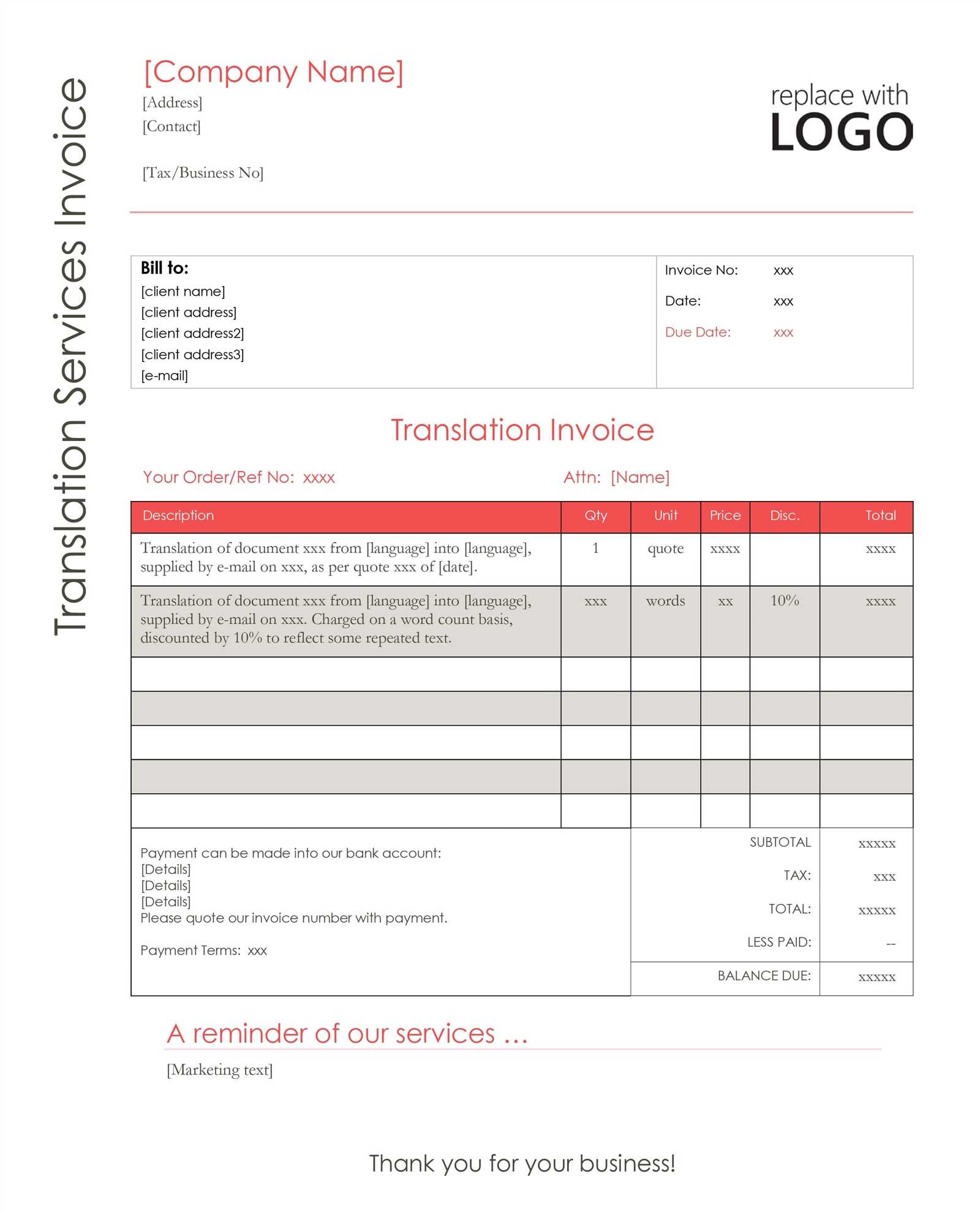 freelance translation invoice template