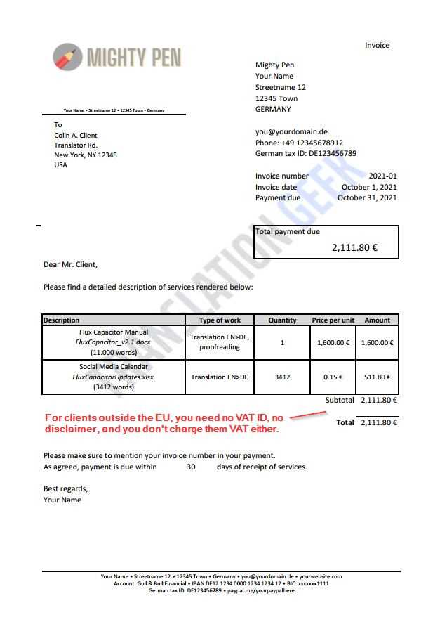 freelance translator invoice template