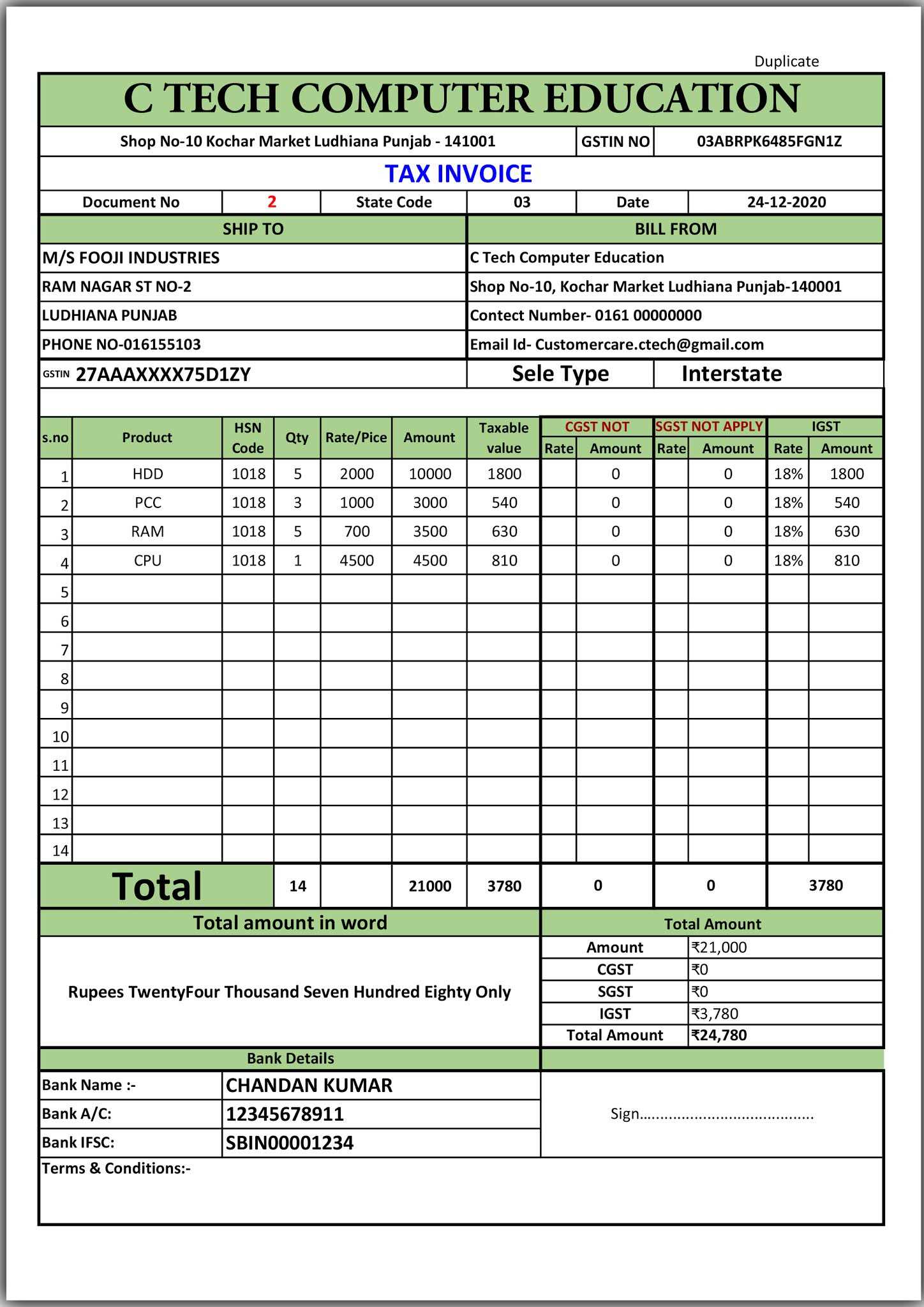 gst tax invoice template