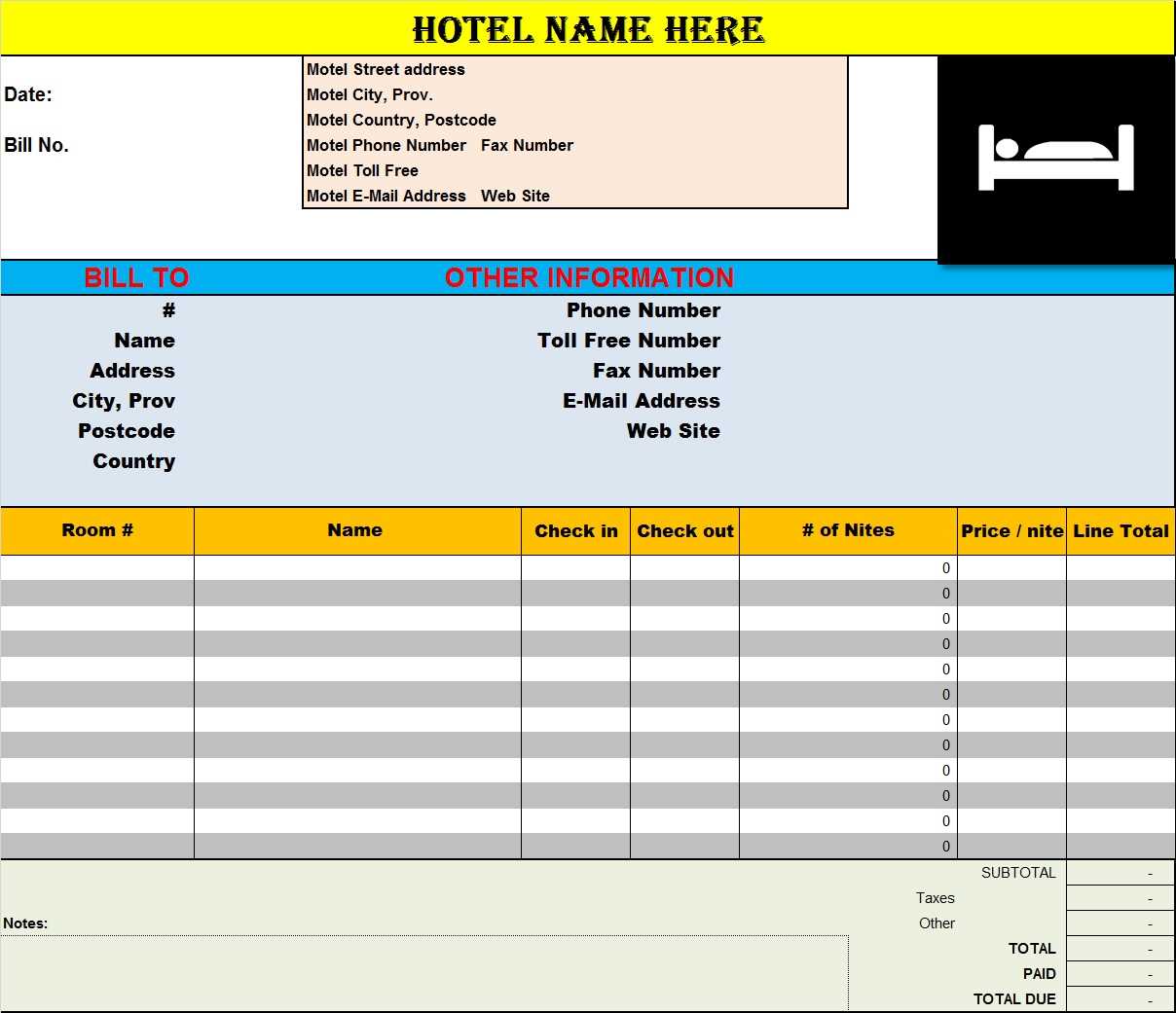 hotel invoice template in excel