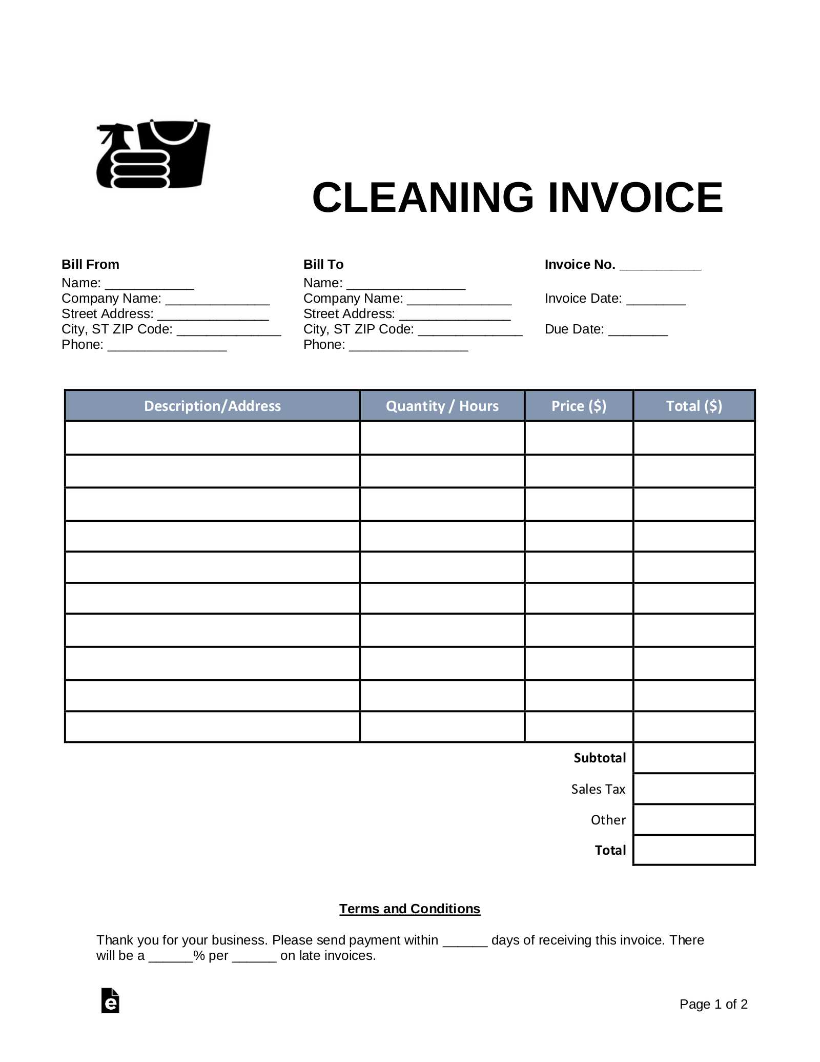 housekeeping invoice template