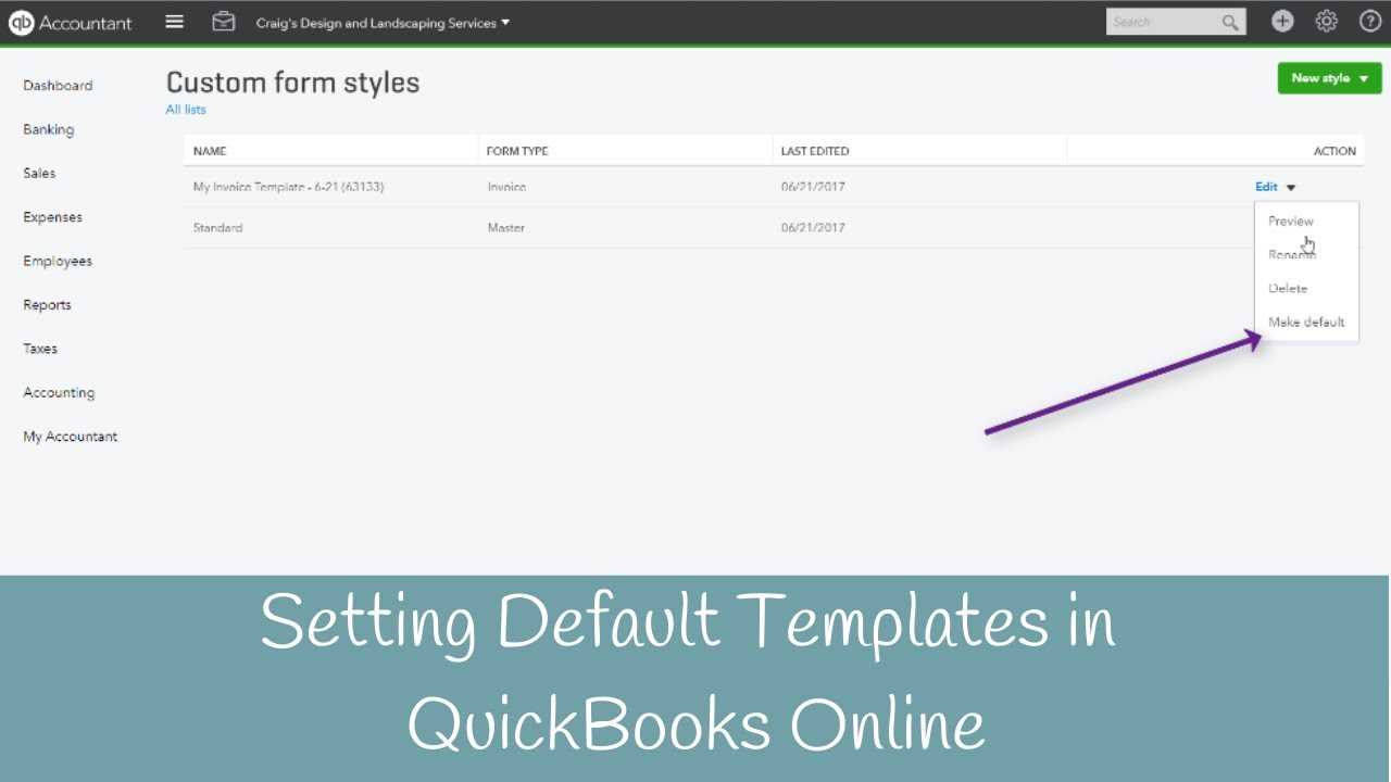 how to set a default invoice template in quickbooks