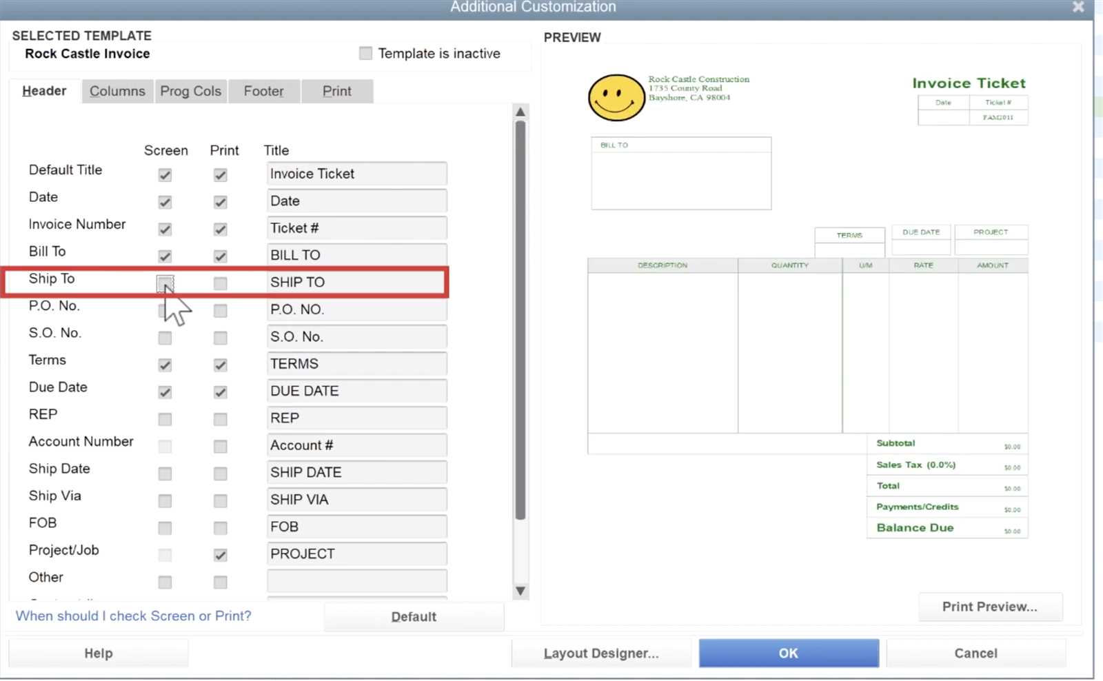 how to setup invoice template in quickbooks