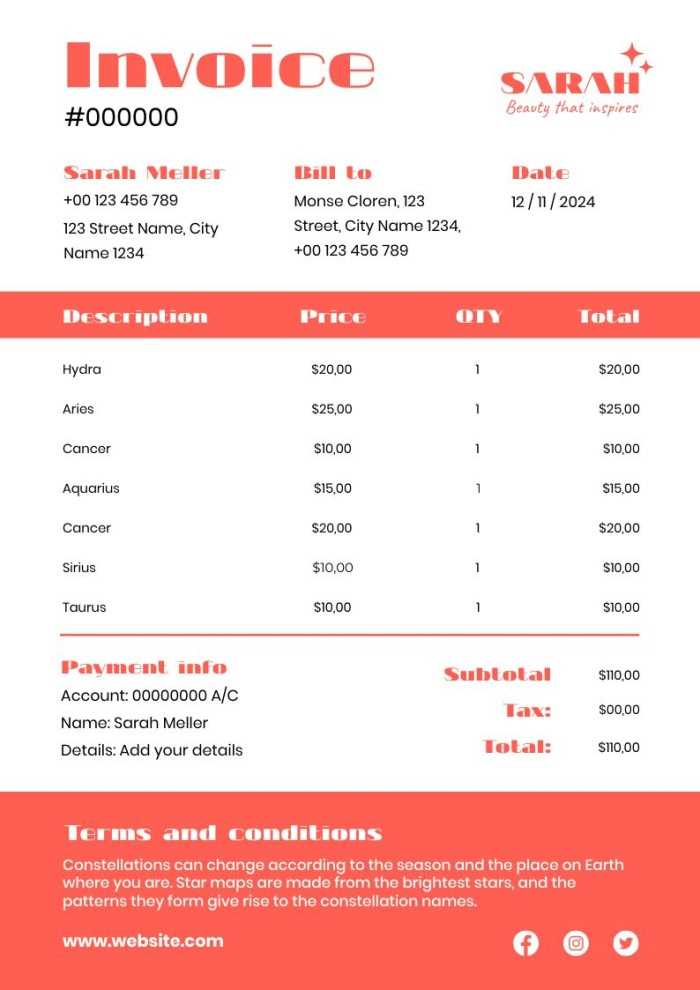instagram influencer invoice template
