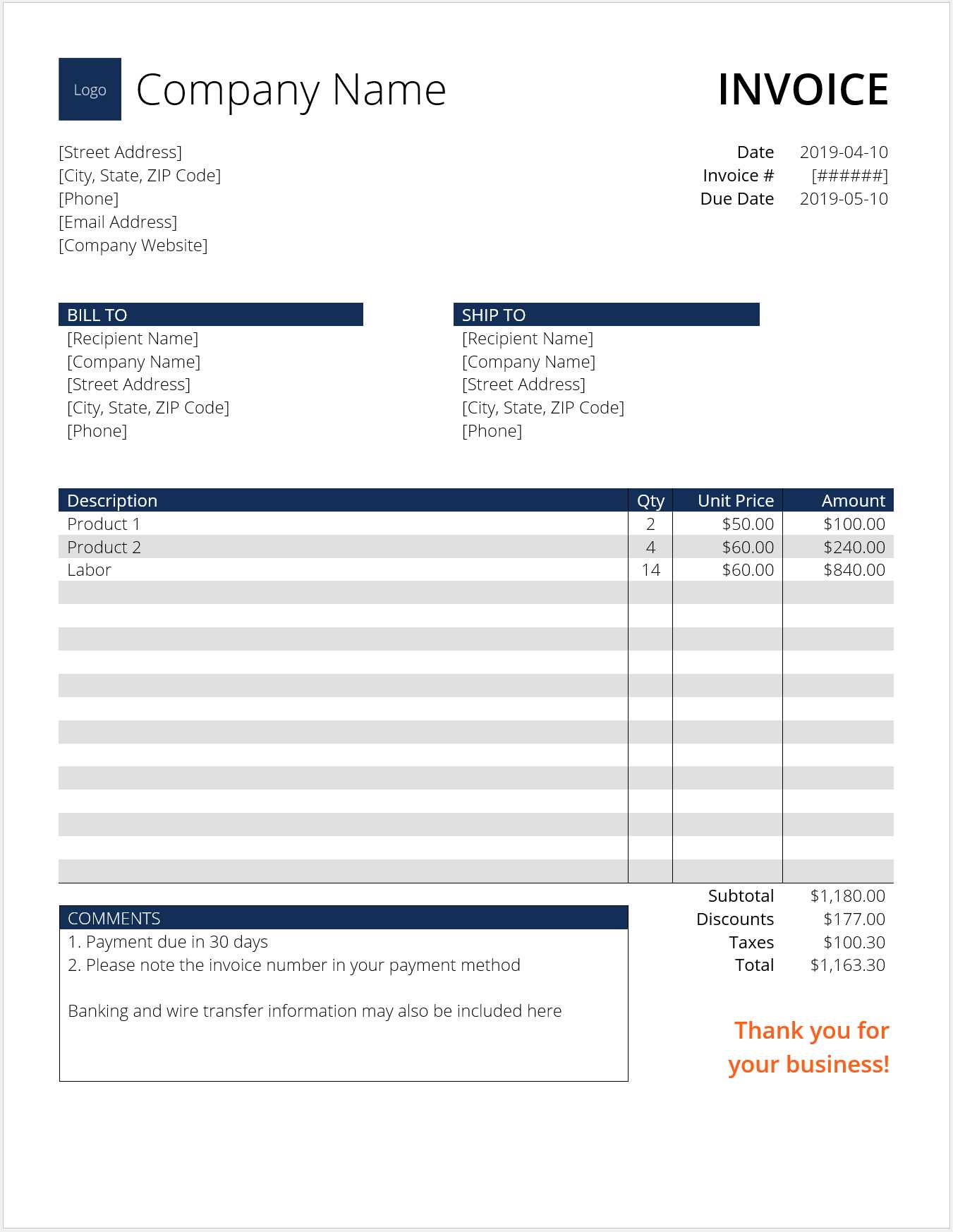 invoice down payment template