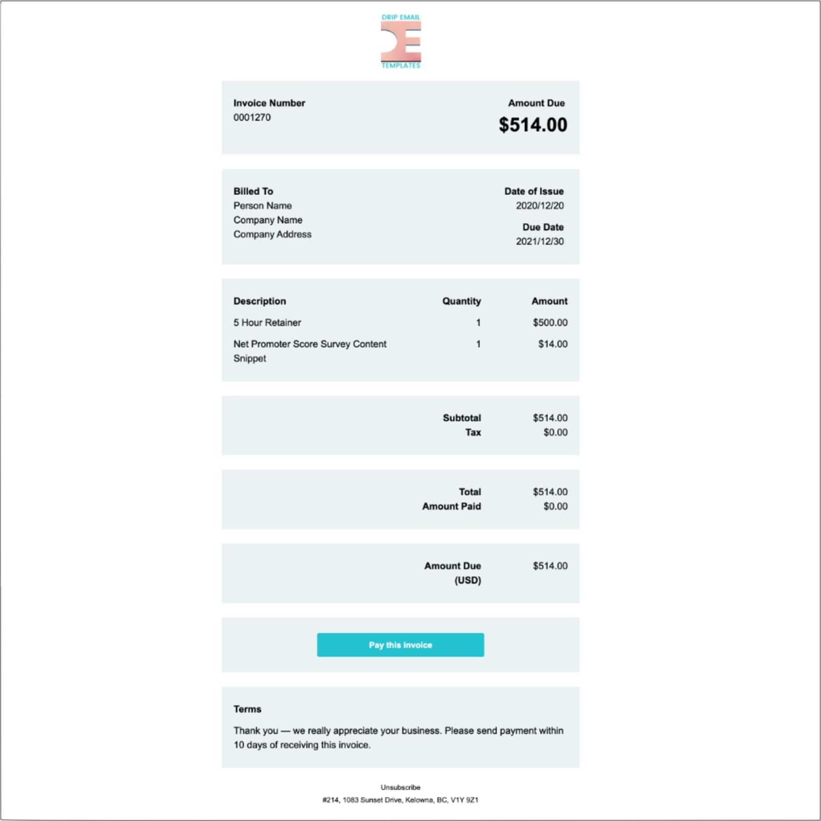 invoice email message template